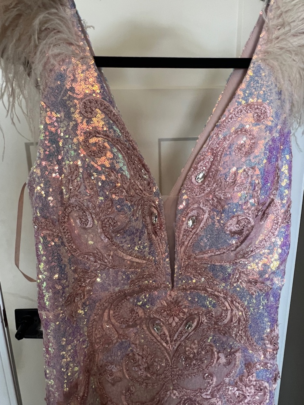 Portia & Scarlett Pink Blue Sequin Evening Gown with Feather Shoulders - Picture 16 of 16